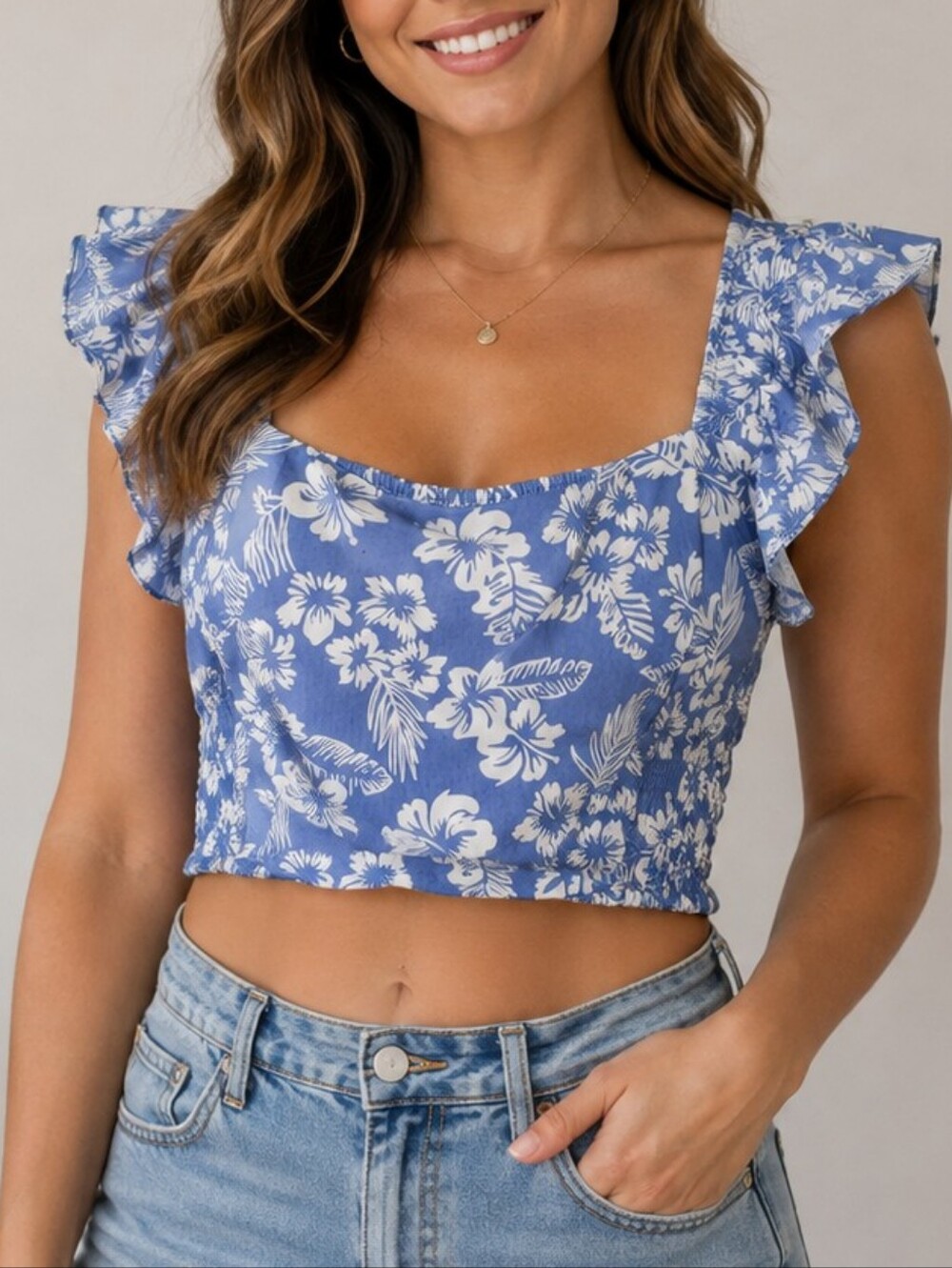 Blue Floral Square-Neck Ruffled Crop Top